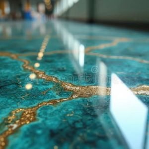 modern-floor-uses-self-leveling-epoxy-resin-vibrant-blue-green-surface-shiny-gold-veins-creating-abstract-marble-look-glossy-409092921